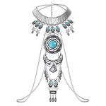 Boho Statement Turquoise Necklace Dancer Necklace Crossover Harness Bikini Waist Belly Sexy Body Chains for Women, metal, Cubic Zirconia