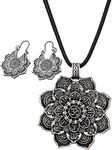 Boho Vintage Flower Earrings Necklace Set Indian Hollow Out Flower Necklace Silver Floral Drop Earrings Mandala Tribal Jewelry Set