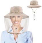 Mosquito Head Net Hat with Hidden Net Mesh for Outdoor Lover Hiking Fishing Beekeeping Gardening Men or Women (Khaki)