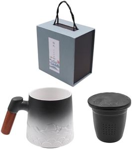 NUZAMAS Tea Cup with Infuser and Lid 450ml Coffee Mug with Wooden Handle Japanese Hand-Crafted Handmade Tea Ceramic Kiln Glazed Unique Pattern for Gifts Black and White