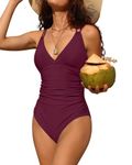 Charmo Women One Piece Swimsuit V Neck Ruched Swimming Costume Cross Back Monokini Swimsuit Burgundy L