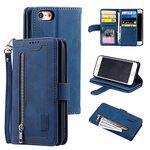 UEEBAI Wallet Case for iPhone 6 Plus iPhone 6S Plus, Retro 9 Card Holder Slots Zipper Pocket Handbag Case PU Leather Magnetic Closure Kickstand with Wrist Strap TPU Shockproof folio Case - Blue