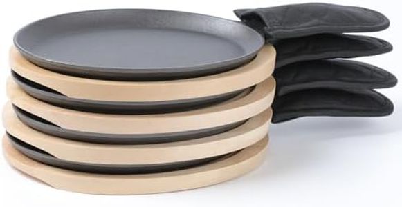 HAWOK Cast Iron Fajita Plate Sizzler Pan Set with Bamboo Tray and Handle Holder, Set of 4, Pre-seasoned Cast Iron Skillet with Bamboo Base and Handle Cover