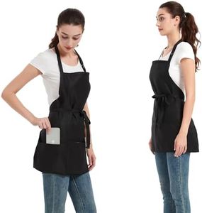 Eksict Waterproof Server Apron, Aprons for Women with 3 Pockets, Machine Washable Aprons for Cooking, Men Chef Apron, Black, 2Pack