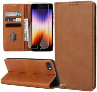 ZYMOU Funda para iPhone SE 2022/ SE 2020/8/ 7, Funda Tapa Libro Movil Carcasa PU Cuero con Protector de Pantalla de Vidrio Templado,[Protección Completa] [Ranura Tarjeta] [Función Soporte], Marrón