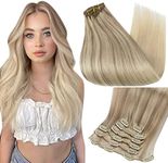 Full Shine Blonde Clip in Hair Extensions Human Hair Invisible Clip in Extensions Ash Blonde to Medium blonde Highlighted Blonde Clip ins Double Weft Clip in Hair Extensions 7 Pcs 80 Gram 12 Inch