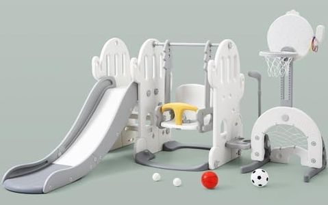 7 in 1 Toddler Slide and Swing Set, Kids Freestanding Slide Climber with Adjustable Swing and Basketball Hoop, Soccer Golf and Ring Toss Game, Indoor Outdoor Playset for Toddlers Age 1-3