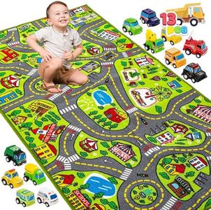 JOYIN Kids Play Rugs - 12 Pull-Back Vehicle Set - Durable Carpet Playmat Rug - City Pretend Play - Toddler Car Track Rug