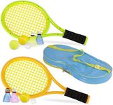 Kids Tennis Rackets with Carrying Bag,Soft Training Balls and Badminton Birdies,12 in 1 Tennis Racquets Gift Set for Children Outdoor Indoor Sports (Green+Yellow,Plastic,17inch)