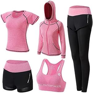 XPINYT 5pcs Workout Outfits for Women Athletic Sets Sport Suits Yoga Gym Fitness Exercise Clothes Jogging Tracksuits(Pink 03,L)