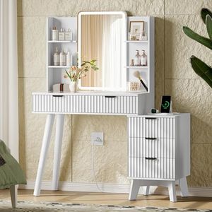 Xixini Fluted Vanity Desk with LED Lights Mirror & Charging Station, White