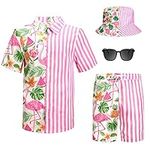 4Pcs Men's Hawaiian Shirt and Short Set Casual Button Down Summer Beach Flower Outfits with Bucket Hats and Sunglasses (Flamingo,M Size)