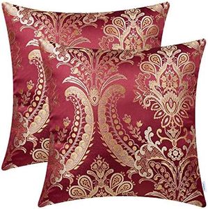 CaliTime Juego de 2 Fundas de cojín supersuaves para sofá, decoración del hogar, Tela de Damasco Vintage, diseño Floral, 45 cm x 45 cm, Color Rojo Profundo