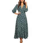 Women 3/4 Sleeve Maxi Dress Button-Down Floral Print Dress V-Neck Casual High Waist Boho Dress Summer Flowy Split Long Dress (Green, XL)