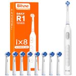 Bitvae R1 Rotating Electric Toothbrush for Adults and Kids with 60-Day Battery Life, 8 Brush Heads Rechargeable Power Toothbrush, 5 Modes, Brushing Timer, White