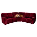 7 Piece Velvet Stretch Recliner Corner Sofa Cover L Shape Sectional Couch Covers Soft Elastic Sofa Slipcover Furniture Protector for Living Room (Wine Red, 5 Seat Recliner Cover)