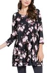 Enmain Tunic Tops for Women 3/4 Sleeve Ladies Tunics Casual Loose Long Tunic Top for Leggings Round Neck Blouses Shirts Black & Pink Flower 2XL