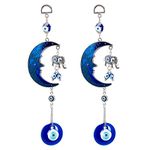 WEBEEDY 2Pcs Evil Eye Pendant Decoration, Blue Evil Eye Moon & Elephant Amulet, Car Hanging Ornament for Window Door Frame Balcony for Protection and Blessing