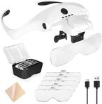 Tobegiga Magnifying Glasses with 4 LED Lights, Head Magnifier with 5 Detachable Lenses - 1X, 1.5X, 2X, 2.5X 3.5X, Rechargeable Magnifying Lamp with Headband for Hobbies, Cross Stitch, Craft, Jeweller