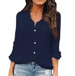 OMSJ Women Button Down Shirts Long Sleeve Chiffon Office V Neck Casual Business Blouses Tops(S, Dark Blue)