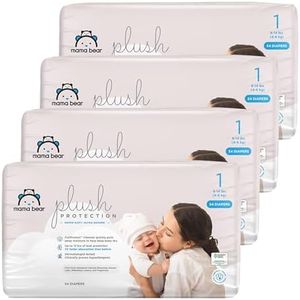 Amazon Brand - Mama Bear Plush Protection Diapers - Size 1, One Month Supply, Hypoallergenic Premium Disposable Baby Diapers, 216 Count (Pack of 4), White and Cloud Dreams