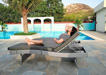 DEVOKO Outdoor Chaise Lounge Chair, All-Weather HDPE Wicker Patio Poolside Lounger Silver Grey Rattan Recliner with Adjustable Backrest & Removable Dark Grey Cushion for Garden, Balcony