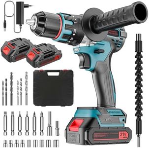 Brushless Taladro Percutor a Bateria 21V, Taladro Atornillador Electrico, Taladro Atornillador Batería Inalámbrico Destornillador Eléctrico Para Hogar, Bricolaje Con 2×2.0Ah Baterías, 80N.m Max
