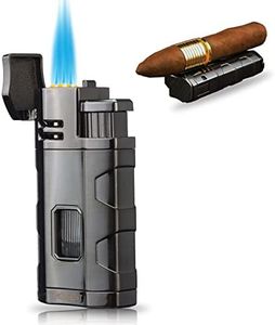 Torch Lighter Triple Jet Flame Refillable Butane Cigar Lighter Windproof Lighter with Cigar Punch Rest Holder - Butane Not Included (Gunmetal)