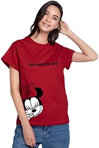 Bewakoof Official Disney Merchandise Women's Graphic Print Boyfriend Fit Half Sleeve Round Neck Cotton T-Shirt, Red 13, S