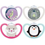 NUK Space Night Baby Dummy | 18-36 Months | Glow-in-the-Dark Soothers with Extra Ventilation | BPA-Free Silicone | Cat & Penguin | 4 Count