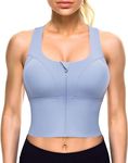 GLAMORAS Women Polyester Spandex Medium Impact Front Zip Sports Bra Longline Fitness Criss Cross Back Crop Tops Tank Gym Yoga Workout, Size: M-2XL