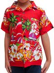 Raan Pah Muang Childrens Hawaiian Shirt in Summer Printed Rayon Seaside Beach Fun, 10-12 Years, Seaside Art Lava Red