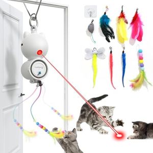 FEELNEEDY Interactive Cat Toys, LED Light, 8 PCS Replacement Teaser with Bell Refills, Feather & Mouse Cat Toys, Hanging Cat Toys for Indoor Cats, for Bored Adult Cats Kitten Exercise, Silver