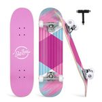 BELEEV Skateboards, 31 x 8 inch Complete Skateboard for Beginners, 7 Layer Canadian Maple Double Kick Deck Concave Cruiser Trick Skateboard for Kids and Adults with Skate T-Tool(Pink Blue)