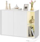 SONGMICS HOME Superfast Toolless Assembly, Storage Cabinet, Accent Buffet Cabinet with Lighting and Glass Shelf, Sideboard, Minimalist, Snow White UBBK372W02