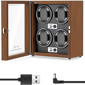 Mxmoonant Remontoir Automatique pour 4 Montres en Bois et Cuir 5 Modes de Rotation avec Moteur Silencieux Alimenté par USB Tourne-Montre avec éclairage LED Rangement de Montres