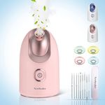 Newbealer Facial Steamer, Mini Aroma Face Steamer, Nano Ionic Hot Mist Face Humidifier for Facial Deep Cleaning, Home Sauna Spa Sprayer with 9 Pieces Acne Remover Kit (Pink-Gold, 160ml)