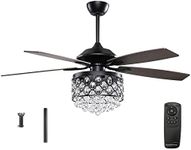 Parrot Uncle Ceiling Fans with Lights and Remote Modern Black Ceiling Fan with Light for Bedroom Crystal Chandelier Outdoor Ceiling Fans for Covered Patios with Light, 52 Inch