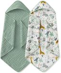 Yoofoss Hooded Baby Towels for Newborn 2 Pack 100% Muslin Organic Cotton Baby Bath Towel with Hood for Babies, Infant, Toddler and Kids, 32x32Inch, Soft and Absorbent Newborn Essential, Green Giraffe