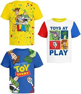 Disney Toy Story Graphic T-Shirts (3 Pack) Pixar Studios Designs, Buzz & Woody Character Tees for Toddlers to 10/12, Yellow/White/Blue, 4 Years