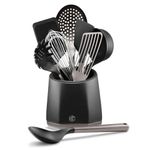 HexClad 9-Piece Kitchen Utensil Set, 9 Stainless Steel & Silicone Tools with a Fingerprint-Resistant Metallic Finish, Heat-Resistant to 450°F, Dishwasher-Safe, Includes Non-Slip Ceramic Crock Holder