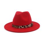 Womens Felt Panama Hat Classic Wide Brim Fedora Hat Cap with Leopard Belt Buckle (Red)