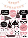 Birthday Photo Booth Props Kit，26 Pcs Pink and Black Birthday Party Props Kit and 1Pc Happy Birthday Pull The Flag Cute Funny Selfie Photo Booth Props Party Decoration for Women and Girls