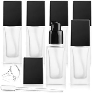 6 Pieces 30ml/1oz Frosted Glass Foundation Bottles Square Lotion Dispenser Container Empty Cosmetic Samples Vials with Press Pump&Black Cover for Liquid Foundation Essence Cream Toiletry Travel