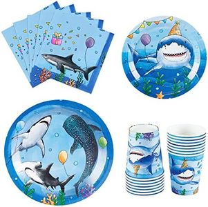 WERNNSAI Shark Party Supplies Set - 64PCS Ocean Shark Birthday Party Paper Plates Cups Napkins Tableware for Boys Kids Baby Shower Blue Shark Summer Pool Party Decor