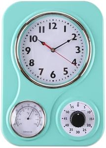 Lily's Home Retro Kitchen Wall Clock, with a Thermometer and 60-Minute Timer, Ideal for Any Kitchen, Turquoise (9.5 in x 13.3 in)