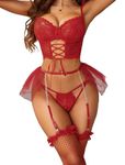 Avidlove Lingerie Sets Womens Garter Sets 3 Piece Underwire Sexy Bra and Panty Sets with Mesh Mini Skirts Wine Red