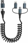 Coiled USB to USB C and Lightning Cable Micro USB Cable 5-in-1 Multi Charging Cable for All Device, Curly iPhone Charger Fast Charging for Car [CarPlay & Android Auto] Samsung iPad iPhone Charger Cord