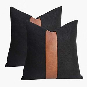 cygnus Set of 2 Black Linen Patchwork Faux Leather Throw Pillow Covers for Couch Living Room Bedroom, Modern Accent Decorative Square Cushion Covers 20x20 inch (Black, 20x20 inch)