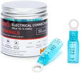 HKS 50 PCS Ring Terminals #8 Blue 16-14 AWG -M4 - Electrical Connectors - Heat Shrink Wire Connector Kit - Tinned Red Copper - Automotive Marine Ring Connectors - Waterproof and Insulated